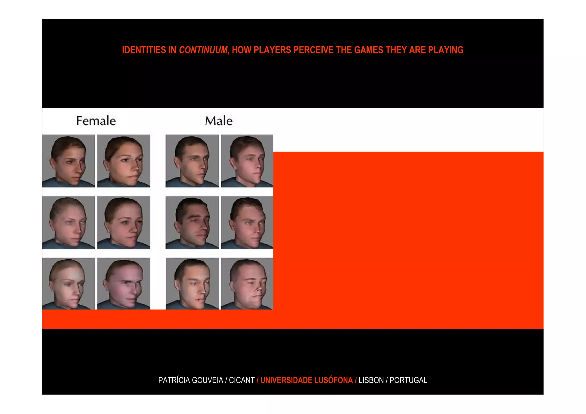 IDENTITIES IN CONTINUUM, HOW PLAYERS PERCEIVE THE GAMES THEY ARE PLAYING




       PATRÍCIA GOUVEIA / CICANT / UNIVERSIDADE LUSÓFONA / LISBON / PORTUGAL
 