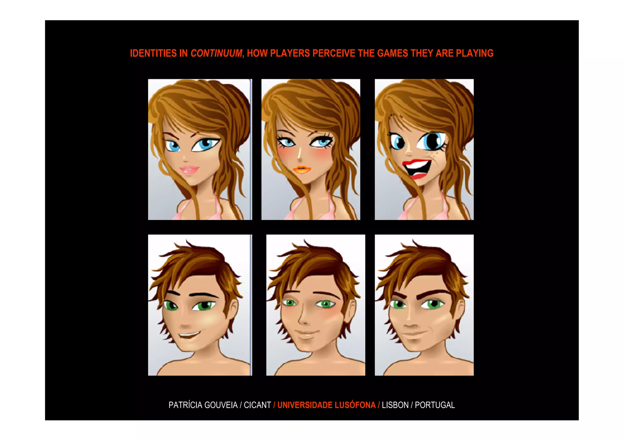 IDENTITIES IN CONTINUUM, HOW PLAYERS PERCEIVE THE GAMES THEY ARE PLAYING




       PATRÍCIA GOUVEIA / CICANT / UNIVERSIDADE LUSÓFONA / LISBON / PORTUGAL
 