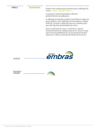 Existemtrêsconﬁguraçõespossíveisparaautilizaçãoda
marca: vertical, logotipoisolado .
Aassinaturaverticaléprioritáriaedeveter
predominâncianasaplicações.
Autilizaçãodologotipoisoladoépermitidaemalgumas
peçasgráﬁcas,comoaplicaçãoemlombadaourodapé
delivros.Contudo,aaplicaçãodevesercautelosapara
quenãohajadescaracterizaçãodamarca.
Paraaconstruçãodenovos layouts,aassinatura
horizontaldeveráserutilizadaapenasemcasosemque
nãohouverpossibilidadedeusodaassinaturavertical
(faixassemaalturanecessária,lombadadelivrosetc.).
AssinaturasMARCA
vertical
logotipo
isolado
MANUALDAMARCAEDAIDENTIDADEVISUALDO EMBRAS
 