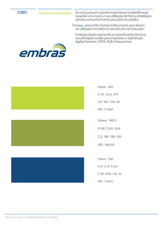 Patone 382C
R193 G216 B47
C29 M0 Y100 K0
HEX C1D82F
Patone 7495C
R148 G165 B69
C25 M0 Y80 K30
HEX 94A545
Patone 534C
R23 G74 B124
C100 M80 Y30 K5
HEX 174A7C
Ascorespossuemgrandeimportâncianaidentiﬁcação
visualdeumamarcaesuautilizaçãodeformaestratégica
otimizaoreconhecimentoporpartedopúblico.
OEmbras possuitrêscromiasinstitucionais,quedevem
serutilizadasemtodososveículosdecomunicação.
Arelaçãoabaixoapresentaasespeciﬁcaçõestécnicas
nasprincipaisescalasparaimpressãoereprodução
digital:Pantone,CMYK,RGBeHexacromia.
CromiasinstitucionaisCORES
MANUALDAMARCAEDAIDENTIDADEVISUALDOEMBRAS
 