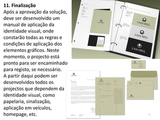 11. Finalização
Após a aprovação da solução,
deve ser desenvolvido um
manual de aplicação da
identidade visual, onde
constarão todas as regras e
condições de aplicação dos
elementos gráficos. Neste
momento, o projecto está
pronto para ser encaminhado
para registo, se necessário.
A partir daqui podem ser
desenvolvidos todos os
projectos que dependem da
identidade visual, como
papelaria, sinalização,
aplicação em veículos,
homepage, etc.                 15
 