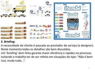 2. Briefing:
A necessidade do cliente é passada ao prestador do serviço (o designer).
Neste momento todos os detalhes são bem discutidos.
Um ‘briefing’ bem feito garante maior eficiência e rapidez no processo,
evitando o trabalho ter de ser refeito em situações do tipo: “Não é bem
isso, muda tudo...”.

                                                                   6
 