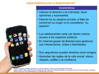 CARACTERÍSTICAS DE LA  GENERACIÓN NET Fuente: Tapscott, D (1998) Creciendo en un entorno digital: la Generación Net, Bogotá: McGrawHill Boyd, D. (2007) “ Why Youth Heart Social Network Sites: The Role of Networked Publics in Teenage Social Life“Youth, Identity, and Digital Media Volume (ed. David Buckingham). Cambridge, MA: MIT Press.  Características Valoran el derecho a la intimidad, tener opiniones y expresarlas Internet es su espacio privado: a falta de control en su hogar no lo consideran “su espacio” Los adolescentes cada vez tienen menos acceso a los espacios públicos En Internet gozan de libertad para gestionar sus interacciones, redes e identidades Sus seguidores pueden tenerlos como amigos Aprenden las reglas de la vida social:  status , respeto, cotilleo y la confianza 