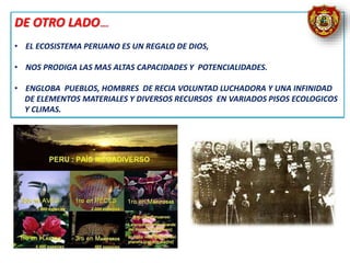 DE OTRO LADO….
• EL ECOSISTEMA PERUANO ES UN REGALO DE DIOS,
• NOS PRODIGA LAS MAS ALTAS CAPACIDADES Y POTENCIALIDADES.
• ENGLOBA PUEBLOS, HOMBRES DE RECIA VOLUNTAD LUCHADORA Y UNA INFINIDAD
DE ELEMENTOS MATERIALES Y DIVERSOS RECURSOS EN VARIADOS PISOS ECOLOGICOS
Y CLIMAS.
DE OTRO LADO….
• EL ECOSISTEMA PERUANO ES UN REGALO DE DIOS,
• NOS PRODIGA LAS MAS ALTAS CAPACIDADES Y POTENCIALIDADES.
• ENGLOBA PUEBLOS, HOMBRES DE RECIA VOLUNTAD LUCHADORA Y UNA INFINIDAD
DE ELEMENTOS MATERIALES Y DIVERSOS RECURSOS EN VARIADOS PISOS ECOLOGICOS
Y CLIMAS.
 