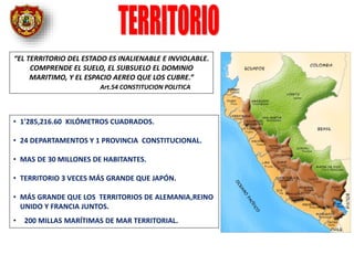 “EL TERRITORIO DEL ESTADO ES INALIENABLE E INVIOLABLE.
COMPRENDE EL SUELO, EL SUBSUELO EL DOMINIO
MARITIMO, Y EL ESPACIO AEREO QUE LOS CUBRE.”
Art.54 CONSTITUCION POLITICA
• 1'285,216.60 KILÓMETROS CUADRADOS.
• 24 DEPARTAMENTOS Y 1 PROVINCIA CONSTITUCIONAL.
• MAS DE 30 MILLONES DE HABITANTES.
• TERRITORIO 3 VECES MÁS GRANDE QUE JAPÓN.
• MÁS GRANDE QUE LOS TERRITORIOS DE ALEMANIA,REINO
UNIDO Y FRANCIA JUNTOS.
• 200 MILLAS MARÍTIMAS DE MAR TERRITORIAL.
 