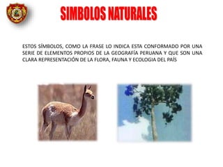 ESTOS SÍMBOLOS, COMO LA FRASE LO INDICA ESTA CONFORMADO POR UNA
SERIE DE ELEMENTOS PROPIOS DE LA GEOGRAFÍA PERUANA Y QUE SON UNA
CLARA REPRESENTACIÓN DE LA FLORA, FAUNA Y ECOLOGIA DEL PAÍS
 