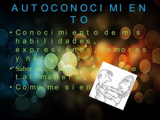 A U T O C O N O C I MI E N
TO
• C o n o c i mi e n t o d e mi s
h a b i l i d a d e s ,
e x p r e s i o n e s , t e mo r e s
y n e c e s i d a d e s .
• Saber lo que pienso, porque actúo d e
t a l ma n e r a .
• C o mo me s i e n t o .

 