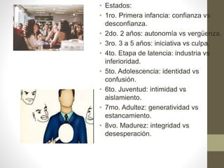 • Estados:
• 1ro. Primera infancia: confianza vs
desconfianza.
• 2do. 2 años: autonomía vs vergüenza.
• 3ro. 3 a 5 años: iniciativa vs culpa.
• 4to. Etapa de latencia: industria vs
inferioridad.
• 5to. Adolescencia: identidad vs
confusión.
• 6to. Juventud: intimidad vs
aislamiento.
• 7mo. Adultez: generatividad vs
estancamiento.
• 8vo. Madurez: integridad vs
desesperación.
 