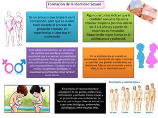 Formación de la identidad Sexual
Es un proceso que empieza en la
concepción, pero que se vuelve
clave durante el proceso de
gestación e incluso en
experiencias vitales tras el
nacimiento
Algunos estudios indican que la
identidad sexual se fija en la
infancia temprana (no más allá de
los 2 ó 3 años) y a partir de
entonces es inmutable.
Adquiriendo mayor fuerza en la
adolescencia y pubertad.
En la adolescencia existen un sin numero
de cambios que van dese la madurez
emocional que a su vez van acompañados
de modificaciones físicas ,generando aún
más confusión en proceso de afirmación y
auto reconocimiento. El cuerpo no es el
mismo, los genitales tampoco, la
sexualidad va cambiando como también
su rol social.
En la adolescencia es cuando se
construyen el conjunto de reglas o normas
y creencias que guiarán moralmente sus
decisiones futuras ante el mundo y entre
ellas, la de su identidad sexual.
Ésta implica el reconocimiento y
aceptación de los gustos, preferencias,
sentimientos y actitudes frente al sexo y
es producto de una combinación de
factores que incluyen diversas aristas: las
cuestiones biológicas, ambientales,
psicológicas, entre muchas otras.
 
