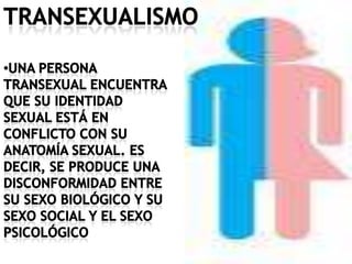transexualismoUna persona transexual encuentra que su identidad sexual está en conflicto con su anatomía sexual. Es decir, se produce una disconformidad entre su sexo biológico y su sexo social y el sexo psicológico 