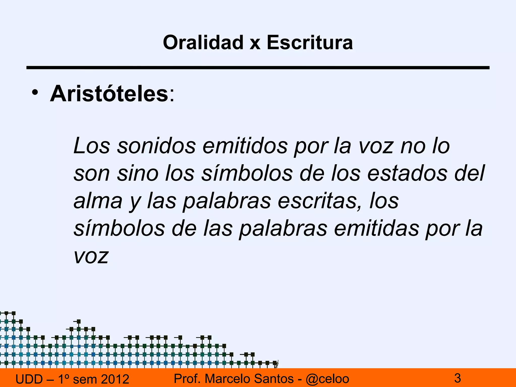 Oralidad x Escritura

  • Aristóteles:

        Los sonidos emitidos por la voz no lo
        son sino los símbolos de los estados del
        alma y las palabras escritas, los
        símbolos de las palabras emitidas por la
        voz




UDD – 1º sem 2012    Prof. Marcelo Santos - @celoo   3
 