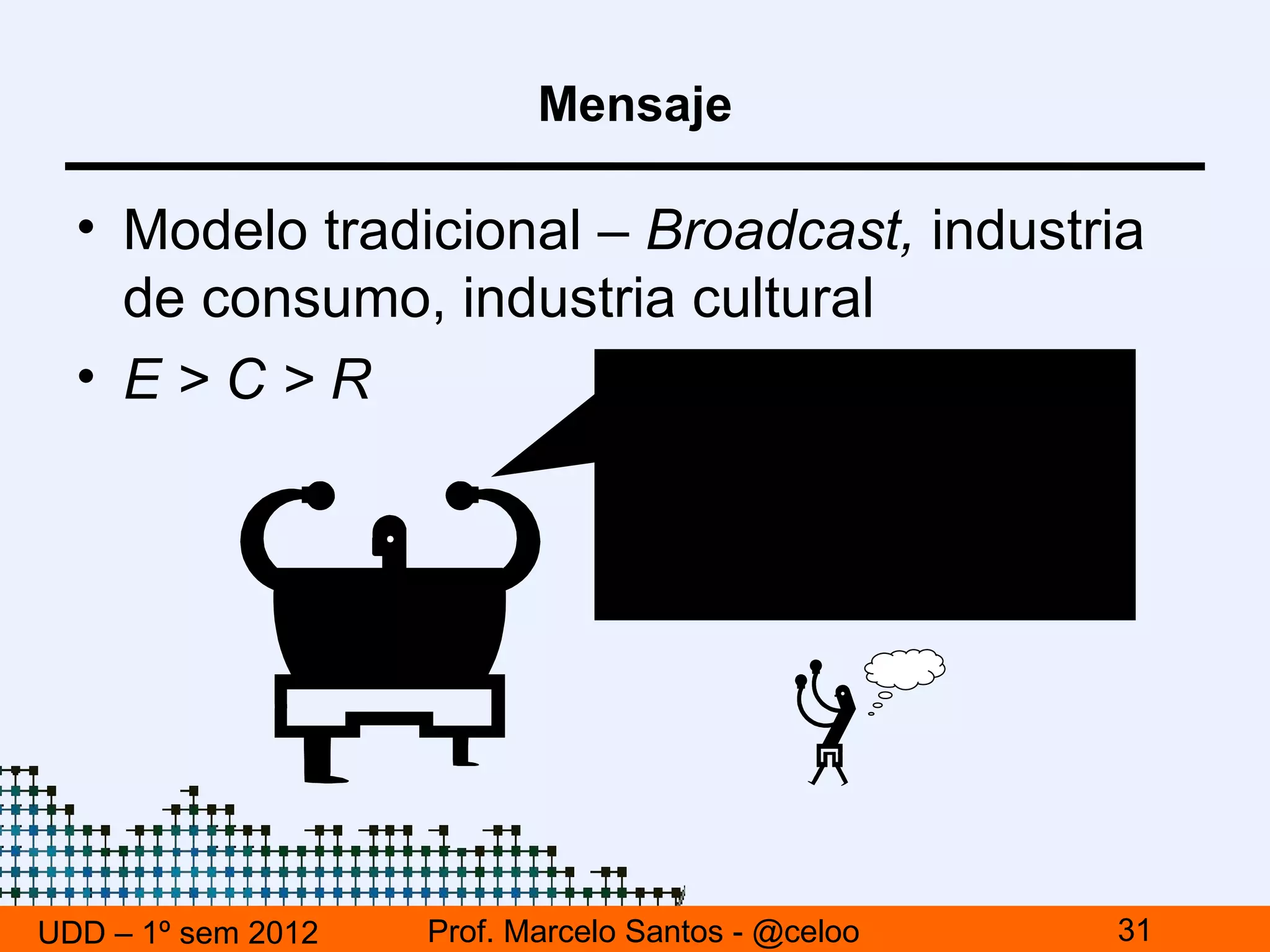 Mensaje

  • Modelo tradicional – Broadcast, industria
    de consumo, industria cultural
  • E>C>R




UDD – 1º sem 2012   Prof. Marcelo Santos - @celoo   31
 