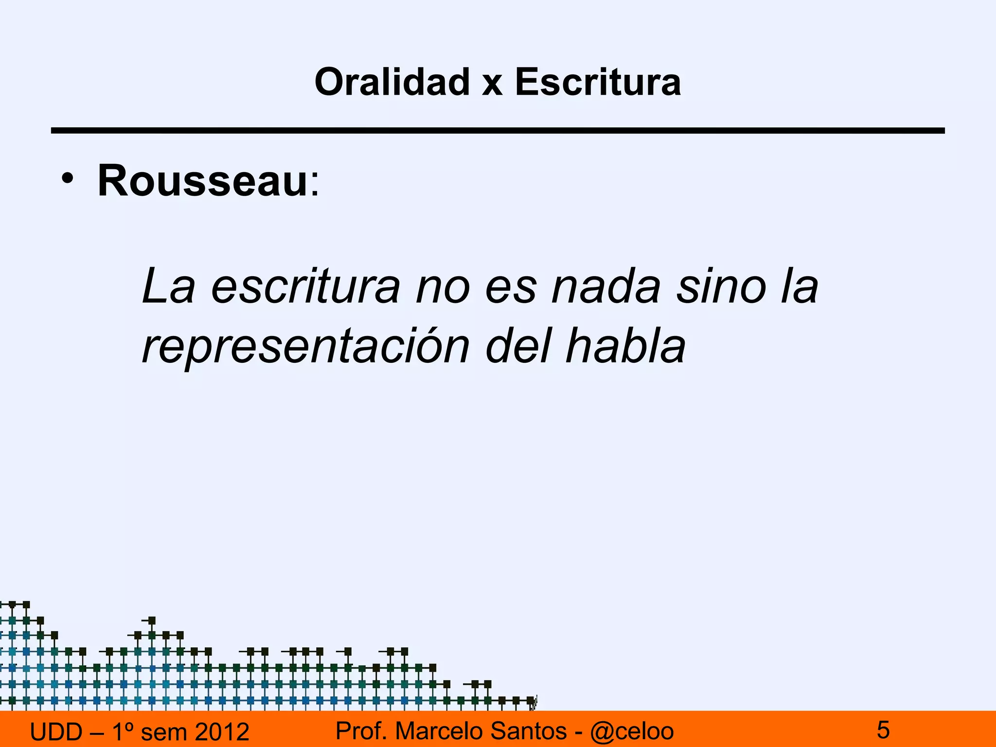 Oralidad x Escritura

  • Rousseau:

        La escritura no es nada sino la
        representación del habla




UDD – 1º sem 2012    Prof. Marcelo Santos - @celoo   5
 
