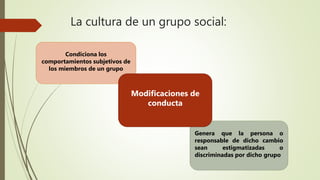 La cultura de un grupo social:
Condiciona los
comportamientos subjetivos de
los miembros de un grupo
Genera que la persona o
responsable de dicho cambio
sean estigmatizadas o
discriminadas por dicho grupo
Modificaciones de
conducta
 