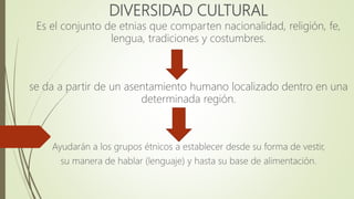 DIVERSIDAD CULTURAL
Es el conjunto de etnias que comparten nacionalidad, religión, fe,
lengua, tradiciones y costumbres.
se da a partir de un asentamiento humano localizado dentro en una
determinada región.
Ayudarán a los grupos étnicos a establecer desde su forma de vestir,
su manera de hablar (lenguaje) y hasta su base de alimentación.
 