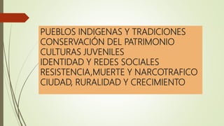 PUEBLOS INDIGENAS Y TRADICIONES
CONSERVACIÓN DEL PATRIMONIO
CULTURAS JUVENILES
IDENTIDAD Y REDES SOCIALES
RESISTENCIA,MUERTE Y NARCOTRAFICO
CIUDAD, RURALIDAD Y CRECIMIENTO
 