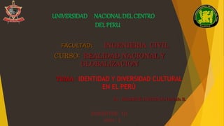 UNIVERSIDAD NACIONALDEL CENTRO
DEL PERU
FACULTAD: INGENIERIA CIVIL
CURSO: REALIDAD NACIONAL Y
GLOBALIZACION
Dr. RIBBECK HURTADO Rodolfo R.
SEMESTRE: III
2024 - I
TEMA : IDENTIDAD Y DIVERSIDAD CULTURAL
EN EL PERÚ
 