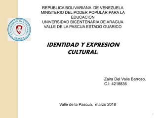 1
REPUBLICA BOLIVARIANA DE VENEZUELA
MINISTERIO DEL PODER POPULAR PARA LA
EDUCACION
UNIVERSIDAD BICENTENARIA DE ARAGUA
VALLE DE LA PASCUA ESTADO GUARICO
Zaira Del Valle Barroso.
C.I: 4218836
IDENTIDAD Y EXPRESION
CULTURAL:
Valle de la Pascua, marzo 2018
 