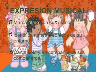 Marca ritmo con sus manos.

identifica ritmos o sonidos de su
entorno.

Canta solo y en compañía de sus
compañeros.
 
