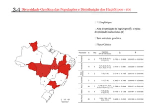 3.4 Diversidade Genética das Populações e Distribuição dos Haplótipos – COI 
‒ 11 haplótipos 
‒ Alta diversidade de haplótipo (Ĥ) e baixa 
diversidade nucleotídica (π) 
‒ Sem estrutura genética. 
‒ Fluxo Gênico 
 