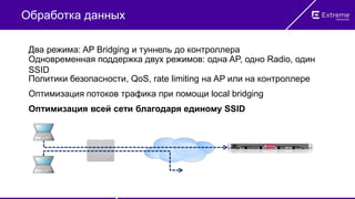 Обработка данных
Два режима: AP Bridging и туннель до контроллера
Одновременная поддержка двух режимов: одна AP, одно Radio, один
SSID
Оптимизация потоков трафика при помощи local bridging
Оптимизация всей сети благодаря единому SSID
Политики безопасности, QoS, rate limiting на AP или на контроллере
 