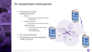 ©2017 Extreme Networks, Inc. All rights reserved
За пределами помещений
 Несколько опций
развертывания
– Mesh
 Полностью автоматическая
настройка
– Point-to-Point
 Расширение сегментов сети
– High-Density
 Установка под сиденьями
 Установка на
потолках/балках
 Не лицензируется
 Поддержка на всех моделях
точек доступа
27
 