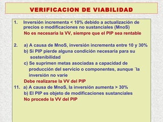 Inversión incrementa < 10% debido a actualización de precios o modificaciones no sustanciales (MnoS) No es necesaria la VV, siempre que el PIP sea rentable 2.  a) A causa de MnoS, inversión incrementa entre 10 y 30% b) Si PIP pierde alguna condición necesaria para su  sostenibilidad c) Se suprimen metas asociadas a capacidad de producción del servicio o componentes, aunque ´la  inversión no varíe Debe realizarse la VV del PIP a) A causa de MnoS, la inversión aumenta > 30% b) El PIP es objeto de modificaciones sustanciales No procede la VV del PIP VERIFICACION DE VIABILIDAD 