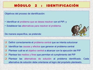 Objetivos del proceso de identificación: Identificar el  problema que se desea   resolver  con el PIP; y Establecer las  alternativas para resolver el problema. De manera específica, se pretende: Definir  correctamente el  problema  central   que se intenta solucionar Identificar las  causas y efectos  que generan el problema central Plantear cuál es el  objetivo central  a alcanzar con la ejecución del PIP Plantear  los  medios y fines  que permitan el cumplimiento del PIP Plantear las  alternativas de solución  al problema identificado. Cada alternativa de solución debe orientarse al logro del propósito planteado. MÓDULO  2  :  IDENTIFICACIÓN 