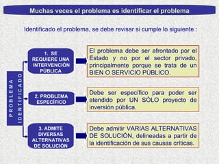 Identificado el problema, se debe revisar si cumple lo siguiente : El problema debe ser afrontado por el Estado y no por el sector privado, principalmente porque se trata de un BIEN O SERVICIO PÚBLICO. Debe ser específico para poder ser atendido por UN SÓLO proyecto de inversión pública.  Debe admitir VARIAS ALTERNATIVAS DE SOLUCIÓN, delineadas a partir de la identificación de sus causas críticas. P R O B L E M A I D E N T I F I C A D O Muchas veces el problema es identificar el problema 1.  SE REQUIERE UNA  INTERVENCIÓN PÚBLICA 2.  PROBLEMA ESPECÍFICO 3.  ADMIT E  DIVERSAS ALTERNATIVAS DE SOLUCIÓN 