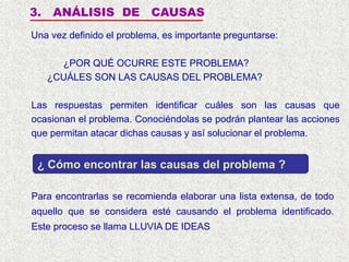 3. ANÁLISIS DE CAUSAS
Una vez definido el problema, es importante preguntarse:
¿POR QUÉ OCURRE ESTE PROBLEMA?
¿CUÁLES SON LAS CAUSAS DEL PROBLEMA?
Las respuestas permiten identificar cuáles son las causas que
ocasionan el problema. Conociéndolas se podrán plantear las acciones
que permitan atacar dichas causas y así solucionar el problema.
Para encontrarlas se recomienda elaborar una lista extensa, de todo
aquello que se considera esté causando el problema identificado.
Este proceso se llama LLUVIA DE IDEAS
¿ Cómo encontrar las causas del problema ?
 