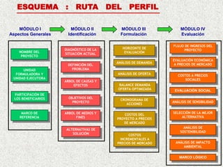 NOMBRE DEL
PROYECTO
UNIDAD
FORMULADORA Y
UNIDAD EJECUTORA
PARTICIPACIÓN DE
LOS BENEFICIARIOS
DIAGNÓSTICO DE LA
SITUACIÓN ACTUAL
DEFINICIÓN DEL
PROBLEMA
ALTERNATIVAS DE
SOLUCIÓN
OBJETIVOS DEL
PROYECTO
ANÁLISIS DE DEMANDA
ANÁLISIS DE OFERTA
BALANCE DEMANDA
OFERTA OPTIMIZADA
HORIZONTE DE
EVALUACIÓN
COSTOS DEL
PROYECTO A PRECIOS
DE MERCADO
CRONOGRAMA DE
ACCIONES
FLUJO DE INGRESOS DEL
PROYECTO
EVALUACIÓN ECONÓMICA
A PRECIOS DE MERCADO
COSTOS A PRECIOS
SOCIALES
EVALUACIÓN SOCIAL
ANÁLISIS DE IMPACTO
AMBIENTAL
ANÁLISIS DE
SOSTENIBILIDAD
SELECCIÓN DE LA MEJOR
ALTERNATIVA
ANÁLISIS DE SENSIBILIDAD
COSTOS
INCREMENTALES A
PRECIOS DE MERCADO
MARCO LÓGICO
MÓDULO I
Aspectos Generales
ESQUEMA : RUTA DEL PERFIL
ARBOL DE CAUSAS Y
EFECTOS
ARBOL DE MEDIOS Y
FINES
MÓDULO II
Identificación
MÓDULO III
Formulación
MÓDULO IV
Evaluación
MARCO DE
REFERENCIA
 