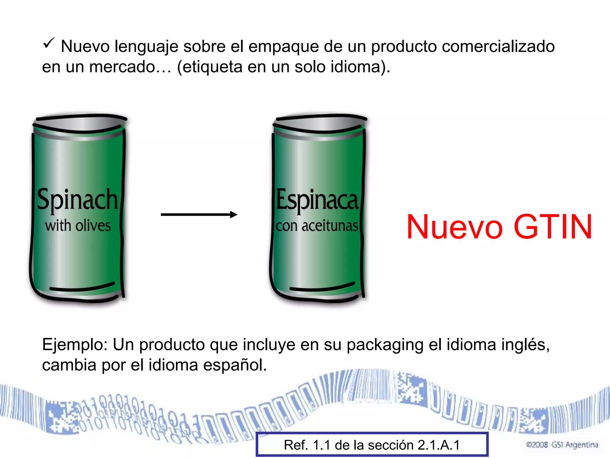  Nuevo lenguaje sobre el empaque de un producto comercializado
en un mercado… (etiqueta en un solo idioma).
Nuevo GTIN
Ejemplo: Un producto que incluye en su packaging el idioma inglés,
cambia por el idioma español.
Ref. 1.1 de la sección 2.1.A.1
 