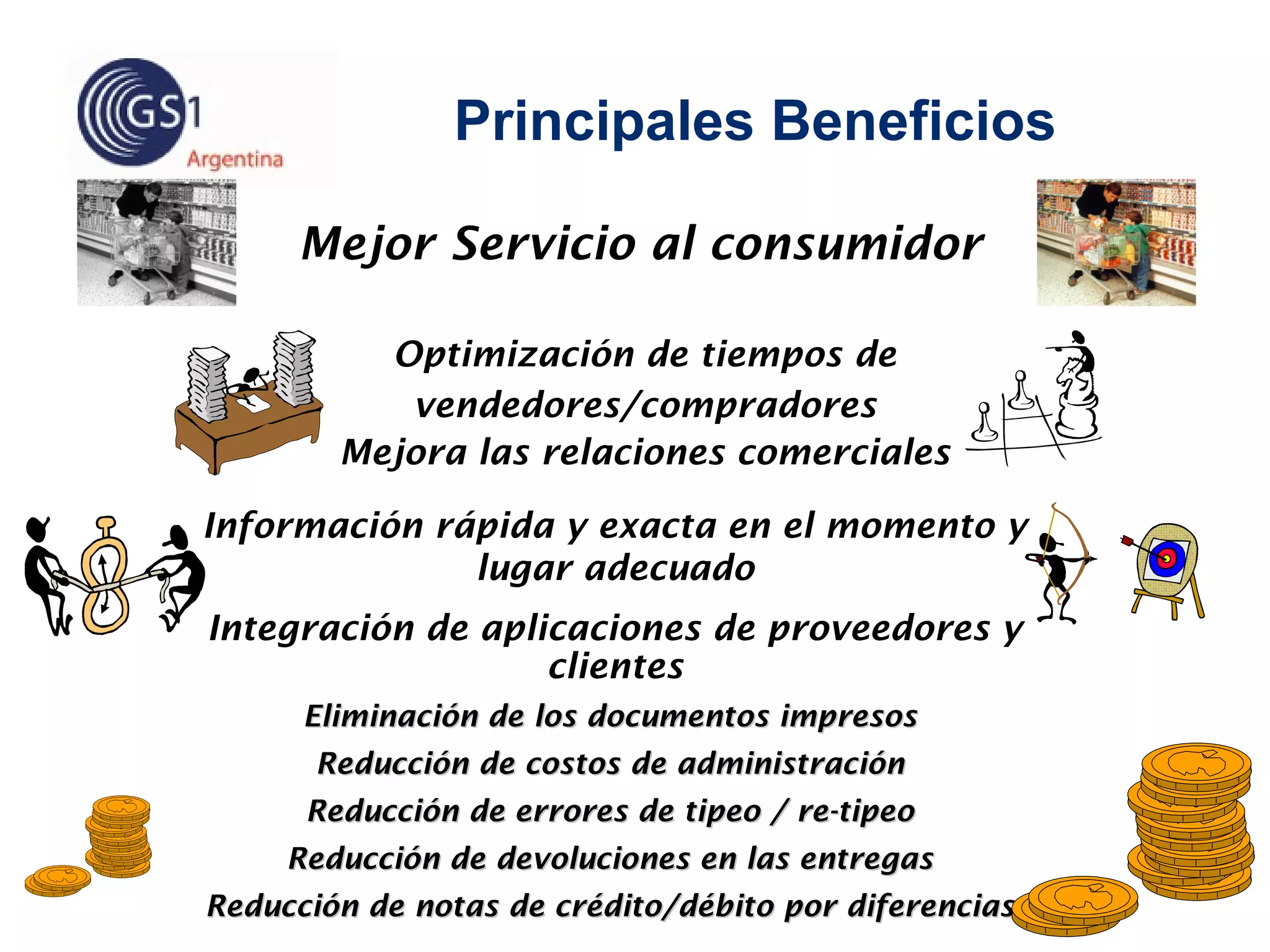 Principales Beneficios
Mejor Servicio al consumidor
Eliminación de los documentos impresosEliminación de los documentos impresos
Reducción de costos de administraciónReducción de costos de administración
Reducción de errores de tipeo / re-tipeoReducción de errores de tipeo / re-tipeo
Reducción de devoluciones en las entregasReducción de devoluciones en las entregas
Reducción de notas de crédito/débito por diferenciasReducción de notas de crédito/débito por diferencias
Optimización de tiempos de
vendedores/compradores
Mejora las relaciones comerciales
Información rápida y exacta en el momento y
lugar adecuado
Integración de aplicaciones de proveedores y
clientes
 
