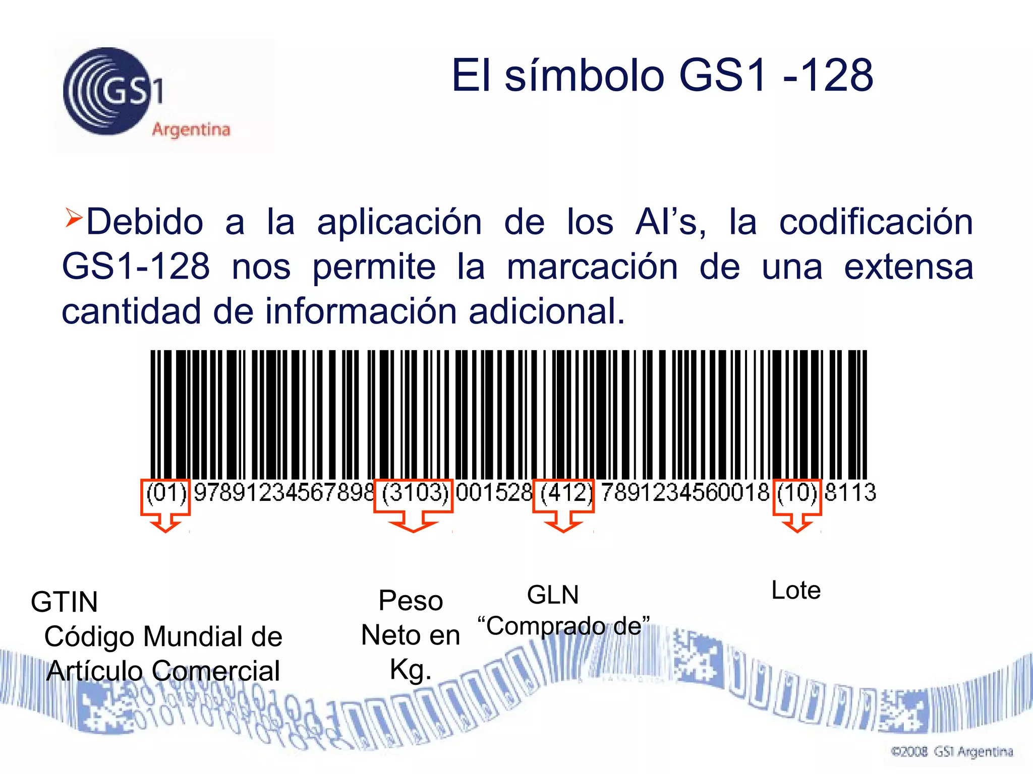 GTIN
Código Mundial de
Artículo Comercial
GLN
“Comprado de”
Peso
Neto en
Kg.
Lote
Debido a la aplicación de los AI’s, la codificación
GS1-128 nos permite la marcación de una extensa
cantidad de información adicional.
El símbolo GS1 -128
 