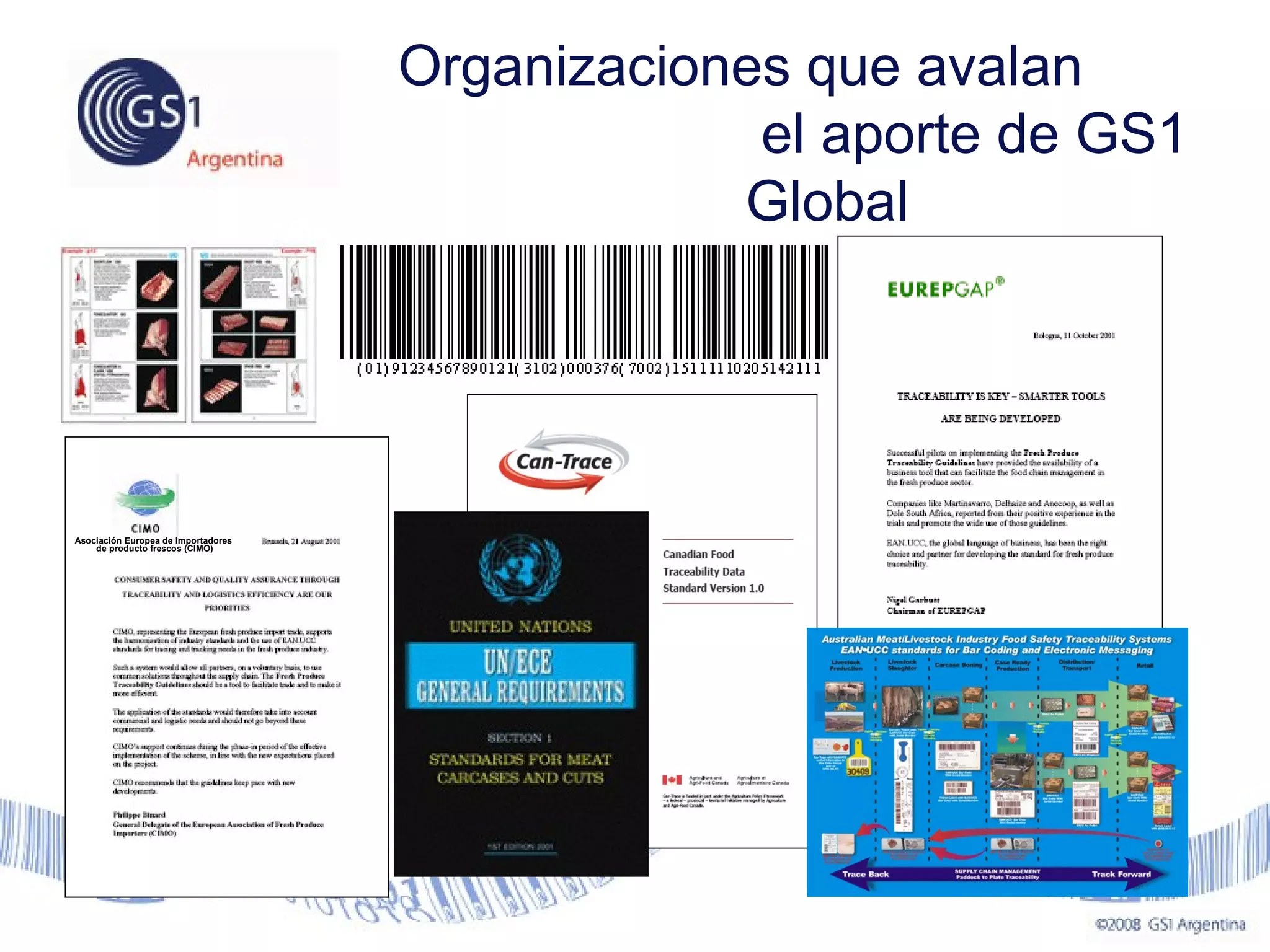 UN/ECE STANDARDS FOR MEAT CARCASES AND CUTS
Asociación Europea de Importadores
de producto frescos (CIMO)
Organizaciones que avalan
el aporte de GS1
Global
 