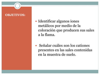 OBJETIVOS:
Identificar algunos iones
metálicos por medio de la
coloración que producen sus sales
a la flama.
Señalar cuáles son los cationes
presentes en las sales contenidas
en la muestra de suelo.