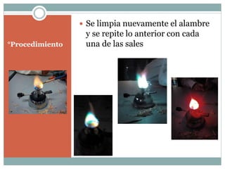 °Procedimiento
Se limpia nuevamente el alambre
y se repite lo anterior con cada
una de las sales