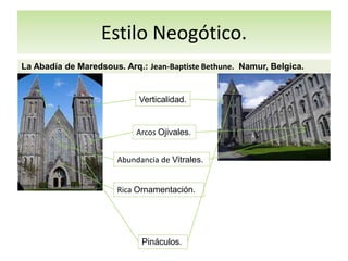 Estilo Neogótico.
La Abadía de Maredsous. Arq.: Jean-Baptiste Bethune. Namur, Belgica.
Verticalidad.
Arcos Ojivales.
Abundancia de Vitrales.
Rica Ornamentación.
Pináculos.
 