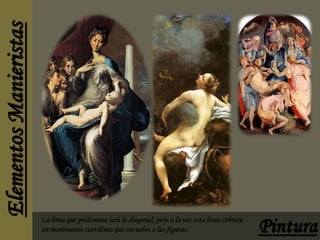 La línea que predomina será la diagonal, pero a la vez esta línea cobrará 
un movimiento curvilíneo que envuelve a las figuras. 
 