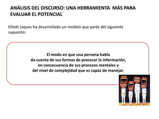 ANÁLISIS DEL DISCURSO: UNA HERRAMIENTA MÁS PARA
EVALUAR EL POTENCIAL
Elliott Jaques ha desarrollado un modelo que parte del siguiente
supuesto:
El modo en que una persona habla
da cuenta de sus formas de procesar la información,
en consecuencia de sus procesos mentales y
del nivel de complejidad que es capaz de manejar.
 