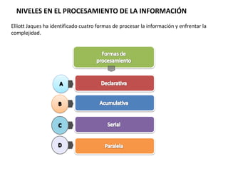 NIVELES EN EL PROCESAMIENTO DE LA INFORMACIÓN
Elliott Jaques ha identificado cuatro formas de procesar la información y enfrentar la
complejidad.
 