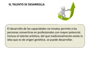EL TALENTO SE DESARROLLA
El desarrollo de las capacidades no innatas permite a las
personas convertirse en profesionales con mayor potencial.
Incluso el talento artístico, del que tradicionalmente existe la
idea que es de origen genético, se puede desarrollar.
 
