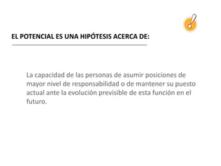 EL POTENCIAL ES UNA HIPÓTESIS ACERCA DE:
La capacidad de las personas de asumir posiciones de
mayor nivel de responsabilidad o de mantener su puesto
actual ante la evolución previsible de esta función en el
futuro.
 