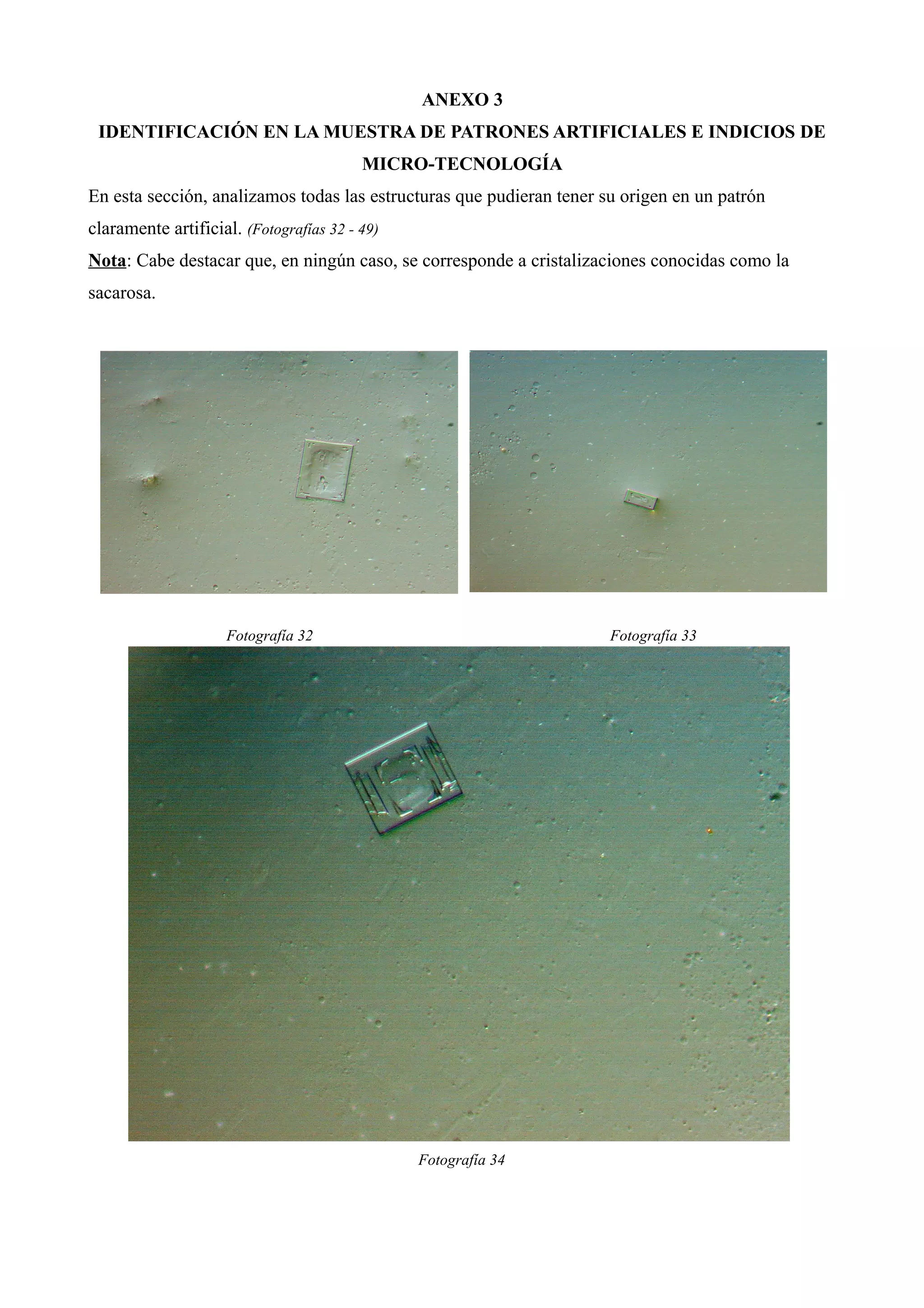 ANEXO 3
IDENTIFICACIÓN EN LA MUESTRA DE PATRONES ARTIFICIALES E INDICIOS DE
MICRO-TECNOLOGÍA
En esta sección, analizamos todas las estructuras que pudieran tener su origen en un patrón
claramente artificial. (Fotografías 32 - 49)
Nota: Cabe destacar que, en ningún caso, se corresponde a cristalizaciones conocidas como la
sacarosa.
Fotografía 32 Fotografía 33
Fotografía 34
 