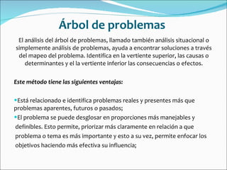 Árbol de problemas   El análisis del árbol de problemas, llamado también análisis situacional o simplemente análisis de problemas, ayuda a encontrar soluciones a través del mapeo del problema. Identifica en la vertiente superior, las causas o determinantes y el la vertiente inferior las consecuencias o efectos. Este método tiene las siguientes ventajas: Está relacionado e identifica problemas reales y presentes más que problemas aparentes, futuros o pasados; El problema se puede desglosar en proporciones más manejables y definibles. Esto permite, priorizar más claramente en relación a que problema o tema es más importante y esto a su vez, permite enfocar los objetivos haciendo más efectiva su influencia; 