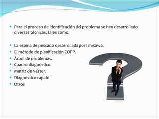 Para el proceso de identificación del problema se han desarrollado diversas técnicas, tales como: La espina de pescado desarrollada por Ishikawa. El método de planificación ZOPP. Árbol de problemas. Cuadro diagnostico. Matriz de Vester. Diagnostico rápido Otros 