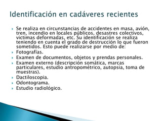 Se realiza en circunstancias de accidentes en masa, avión, tren, incendio en locales públicos, desastres colectivos, victimas deformadas, etc. Su identificación se realiza teniendo en cuenta el grado de destrucción lo que fueron sometidos. Esto puede realizarse por medio de: Fotografías.Examen de documentos, objetos y prendas personales.Examen externo (descripción somática, marcas particulares, estudio antropométrico, autopsia, toma de muestras).Dactiloscopia.Odontograma.Estudio radiológico.Identificación en cadáveres recientes