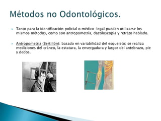 Tanto para la identificación policial o médico-legal pueden utilizarse los mismos métodos, como son antropometría, dactiloscopia y retrato hablado.Antropometría (Bertillón): basado en variabilidad del esqueleto; se realiza mediciones del cráneo, la estatura, la envergadura y largor del antebrazo, pie y dedos. Métodos no Odontológicos.