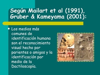 Según Mailart et al (1991), Gruber & Kameyama (2001): Los medios más comunes de identificación humana son el reconocimiento visual hecho por parientes o amigos y la identificación por medio de la Dactiloscopía. 
