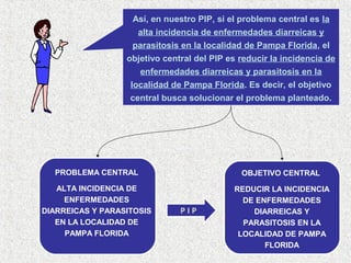 Así, en nuestro PIP, si el problema central es la
alta incidencia de enfermedades diarreicas y
parasitosis en la localidad de Pampa Florida, el
objetivo central del PIP es reducir la incidencia de
enfermedades diarreicas y parasitosis en la
localidad de Pampa Florida. Es decir, el objetivo
central busca solucionar el problema planteado.

PROBLEMA CENTRAL

OBJETIVO CENTRAL

ALTA INCIDENCIA DE
ENFERMEDADES
DIARREICAS Y PARASITOSIS
EN LA LOCALIDAD DE
PAMPA FLORIDA

REDUCIR LA INCIDENCIA
DE ENFERMEDADES
DIARREICAS Y
PARASITOSIS EN LA
LOCALIDAD DE PAMPA
FLORIDA

PIP

 